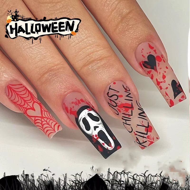 Glamorous 24Pcs Halloween Press-On Nails - Long Ballet Coffin Design with Pearls & French Square Style