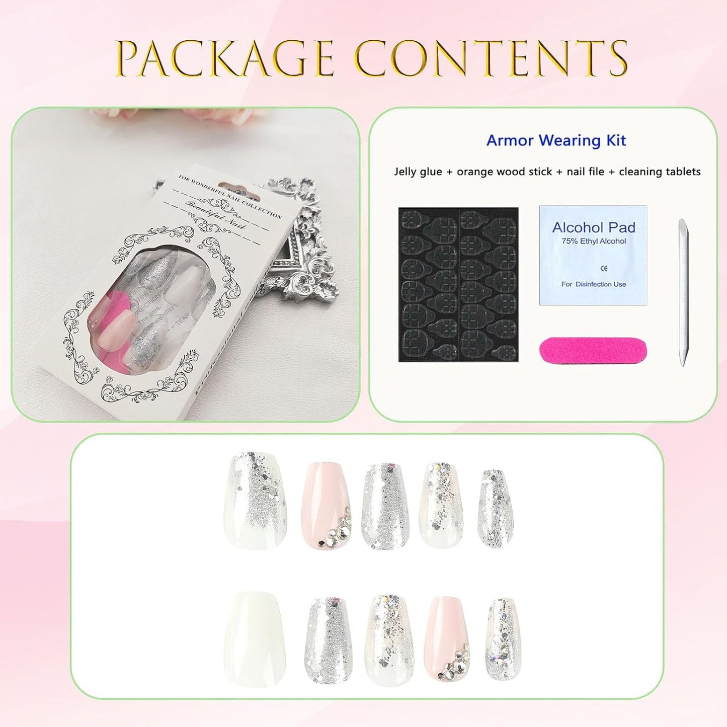 Glamorous Off-White & Pink Glitter Coffin Press-On Nails - 24 Reusable Full Cover Designs for Women & Girls