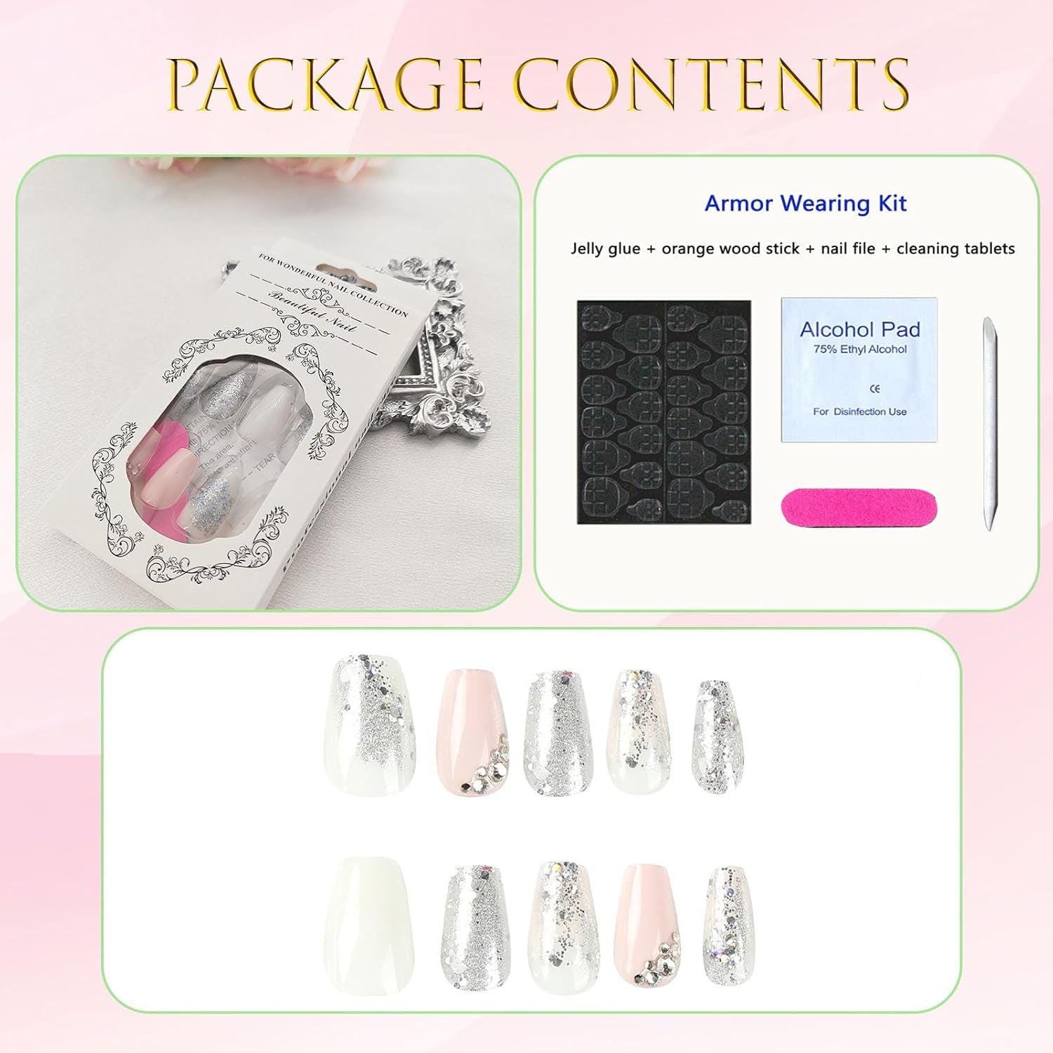 Glamorous Off-White & Pink Glitter Coffin Press-On Nails - 24 Reusable Full Cover Designs for Women & Girls