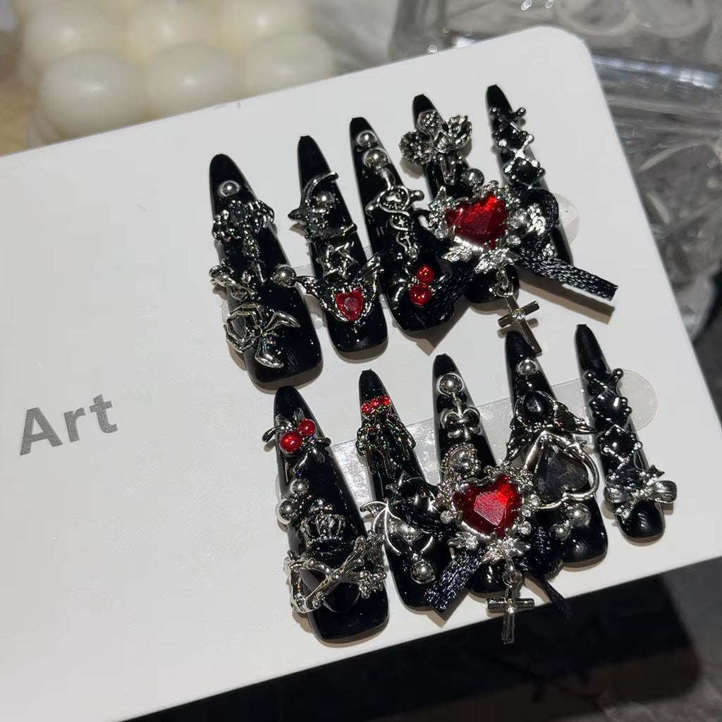Y2K Menhera Spice Girls Inspired Black & Red Long Tip Handmade Press-On Nails with Cross, Spider, Love, Diamond, and Bow Designs - Cool Dark Nail Art