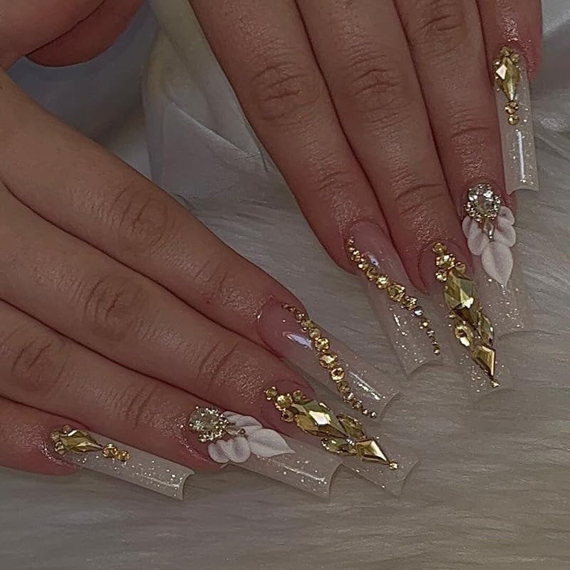 Glamorous Khaki Press-On Square Nails with Floral and Rhinestone Accents - Perfect for Prom, Parties, and Holidays! Ideal Gift for Women!