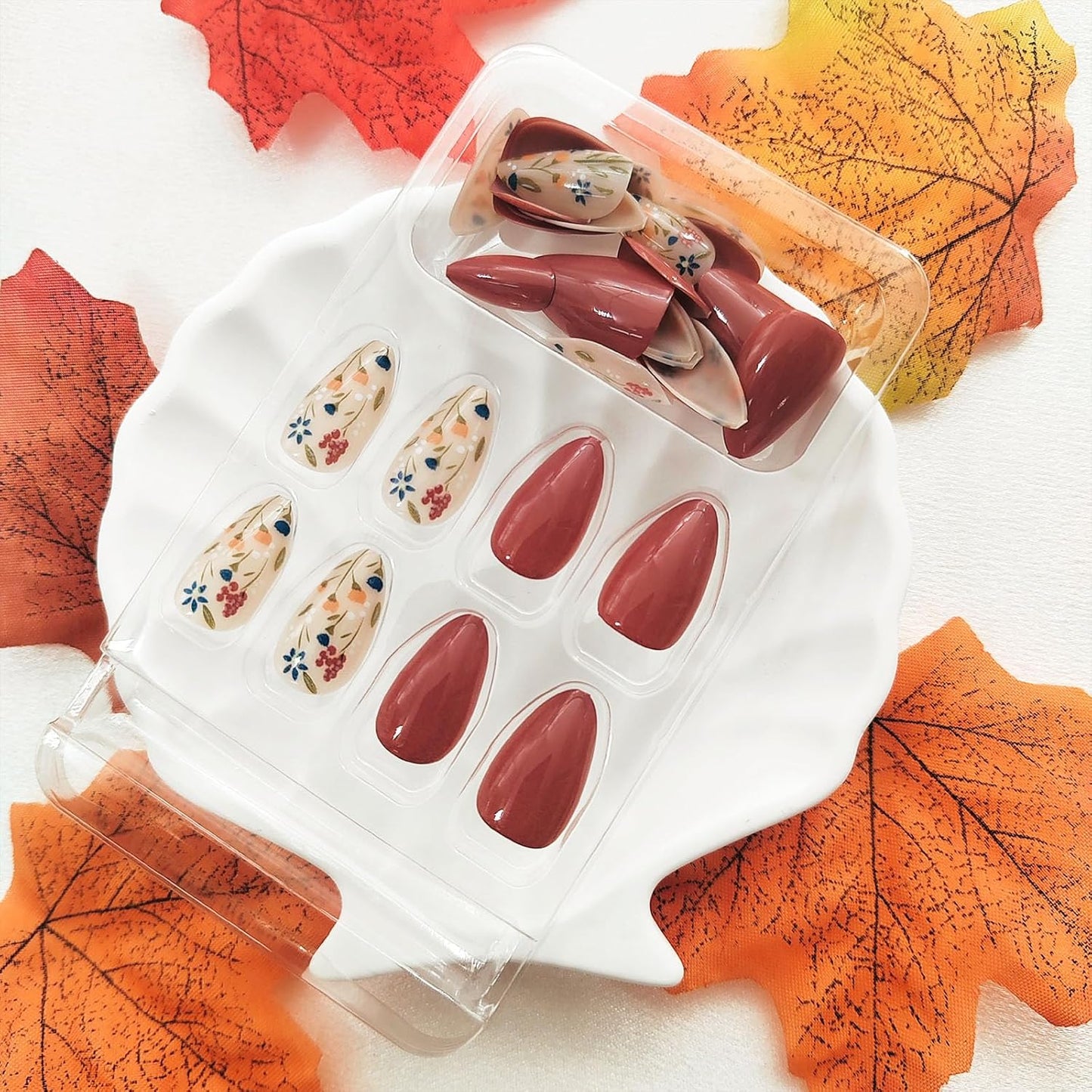 Autumn Floral Press-On Nails - Short Almond Shape, 30 Pcs Brown Full Cover Acrylic Stick-Ons for Women & Girls