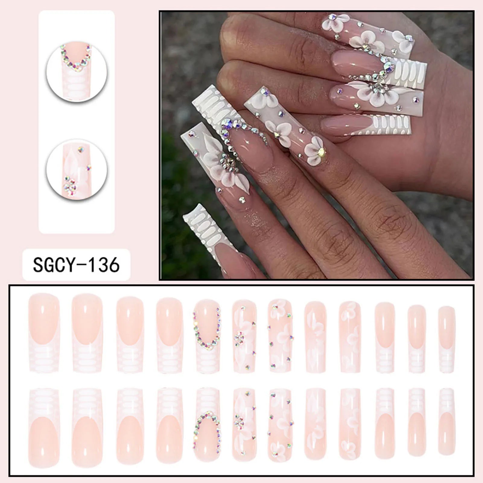 Glamorous Rhinestone White Square Fake Nails - Perfect for Dance Parties & Weekend Getaways!