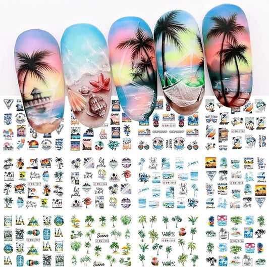 Tropical Paradise Nail Art Stickers - 12 Sheets of Beach, Coconut Tree & Ocean Designs for Stunning Summer Nails