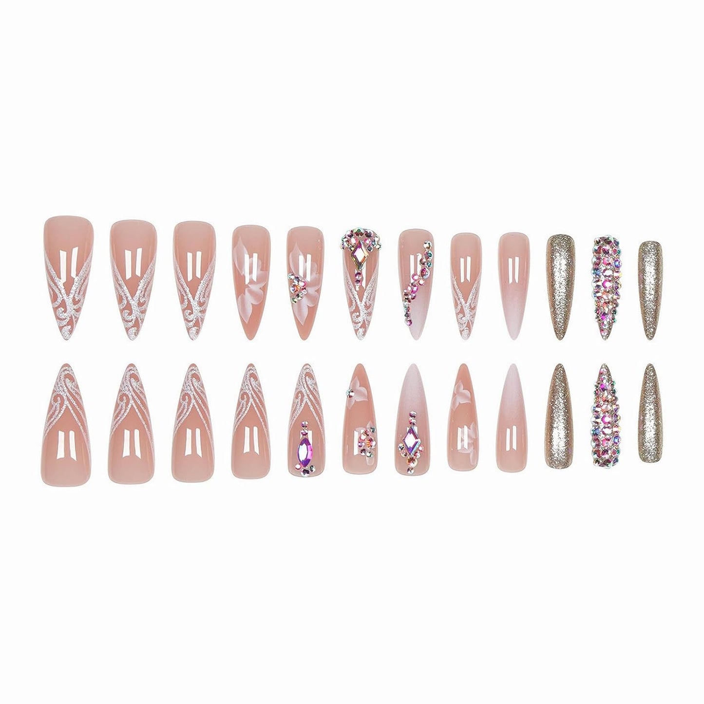 Glamorous Long Stiletto Press-On Nails with Bling Glitter & Rhinestones - 24 Pcs Luxury Acrylic Set