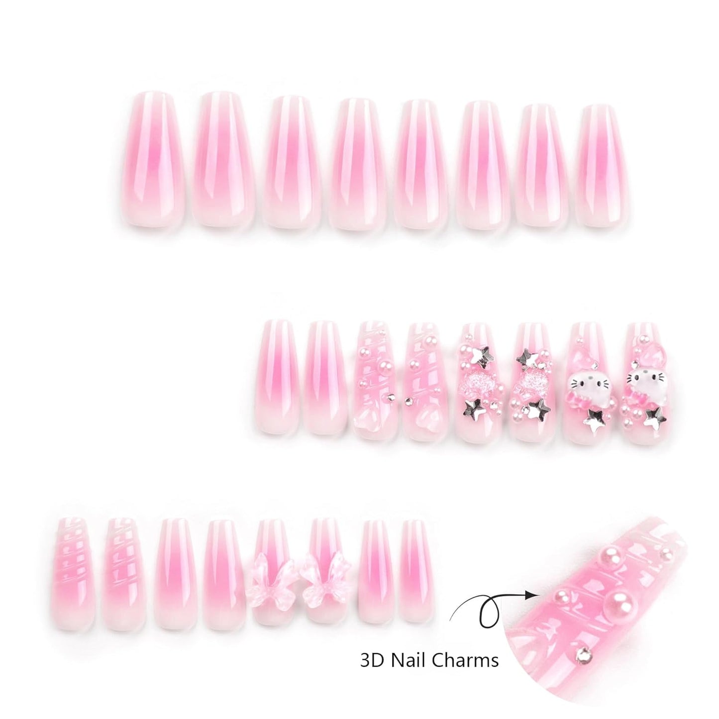 Glamorous 24Pcs Pink Coffin Press-On Nails with 3D Heart, Pearl & Star Charms - Stunning Full Cover Acrylic Nail Art for Women