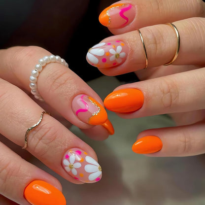 Cute Flower Press-On Nails - 24Pcs Glossy Orange Short Almond Fake Nails for Spring & Summer Nail Art