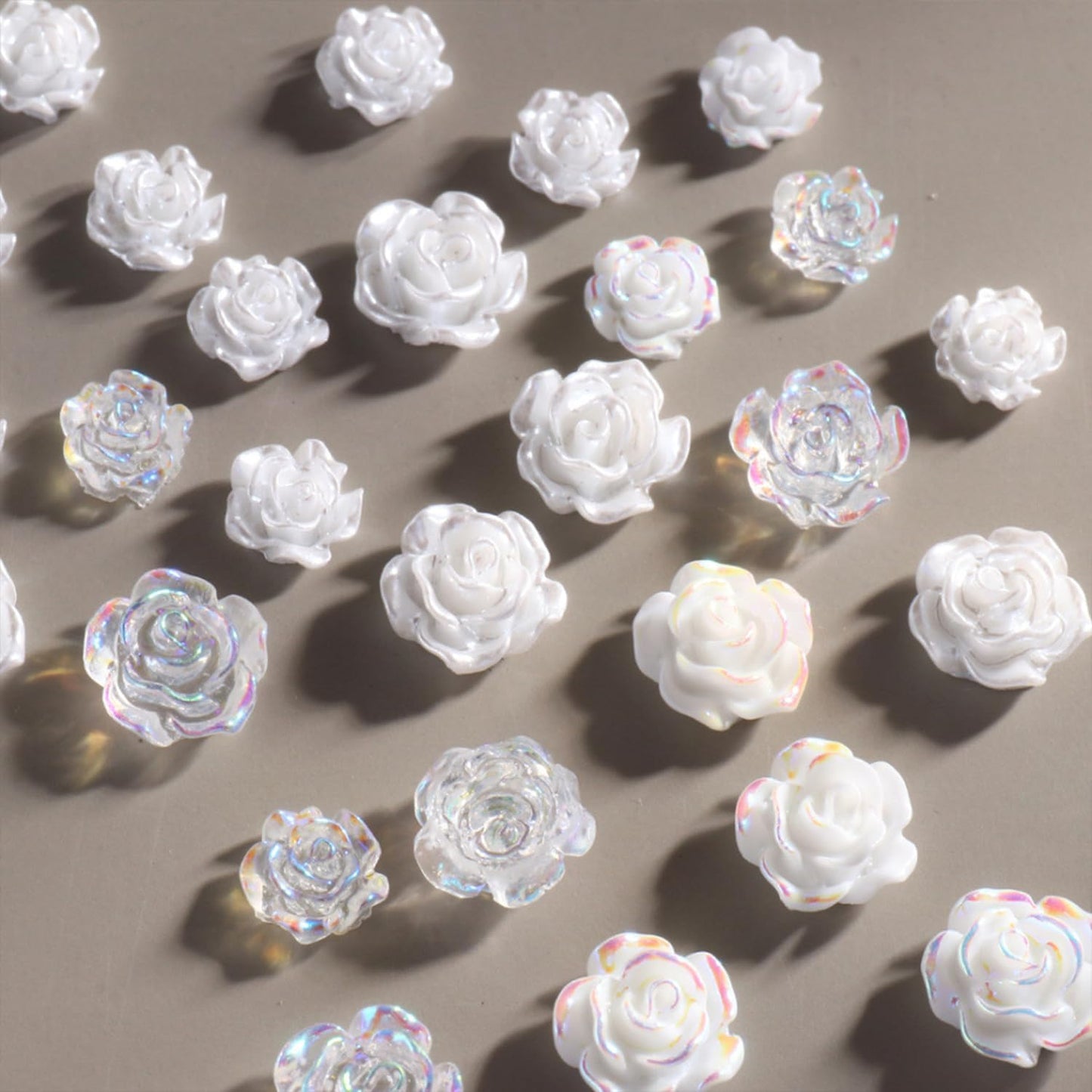 3D Floral Nail Charms - White & Aurora Clear Rose Designs for Stunning Acrylic Nails - DIY Manicure Decorations (6 Grids)
