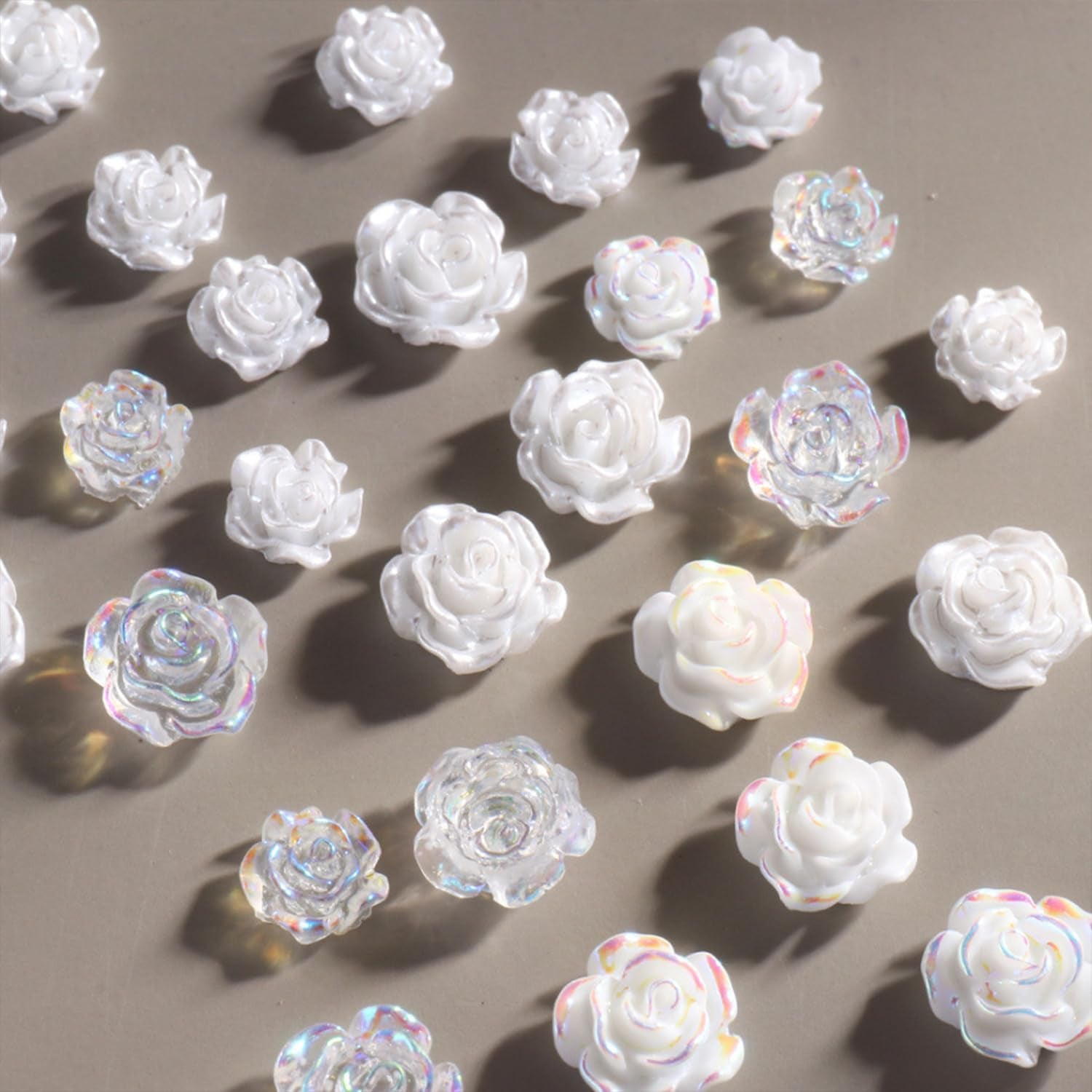3D Floral Nail Charms - White & Aurora Clear Rose Designs for Stunning Acrylic Nails - DIY Manicure Decorations (6 Grids)