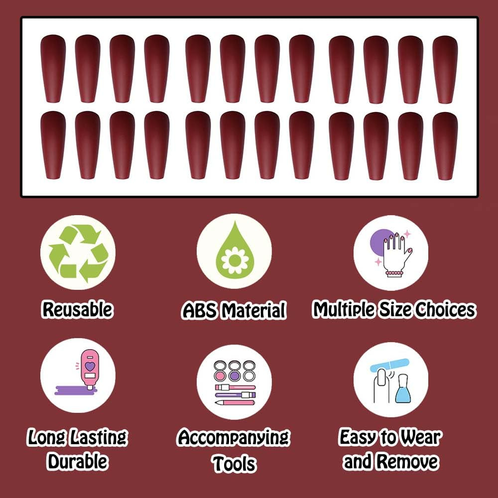 Stunning Matte Red Coffin Press-On Nails - 24 Pcs Long False Nails for Glamorous Looks