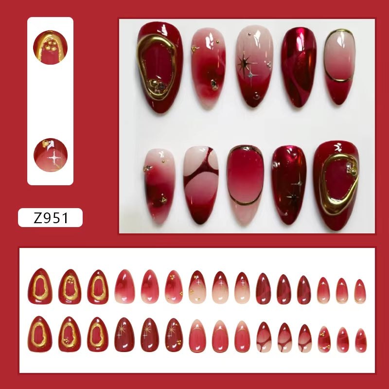 24Pcs Deep Red Baroque Starry Press-On Almond Nails - Stylish & Wearable Fake Nails for Women