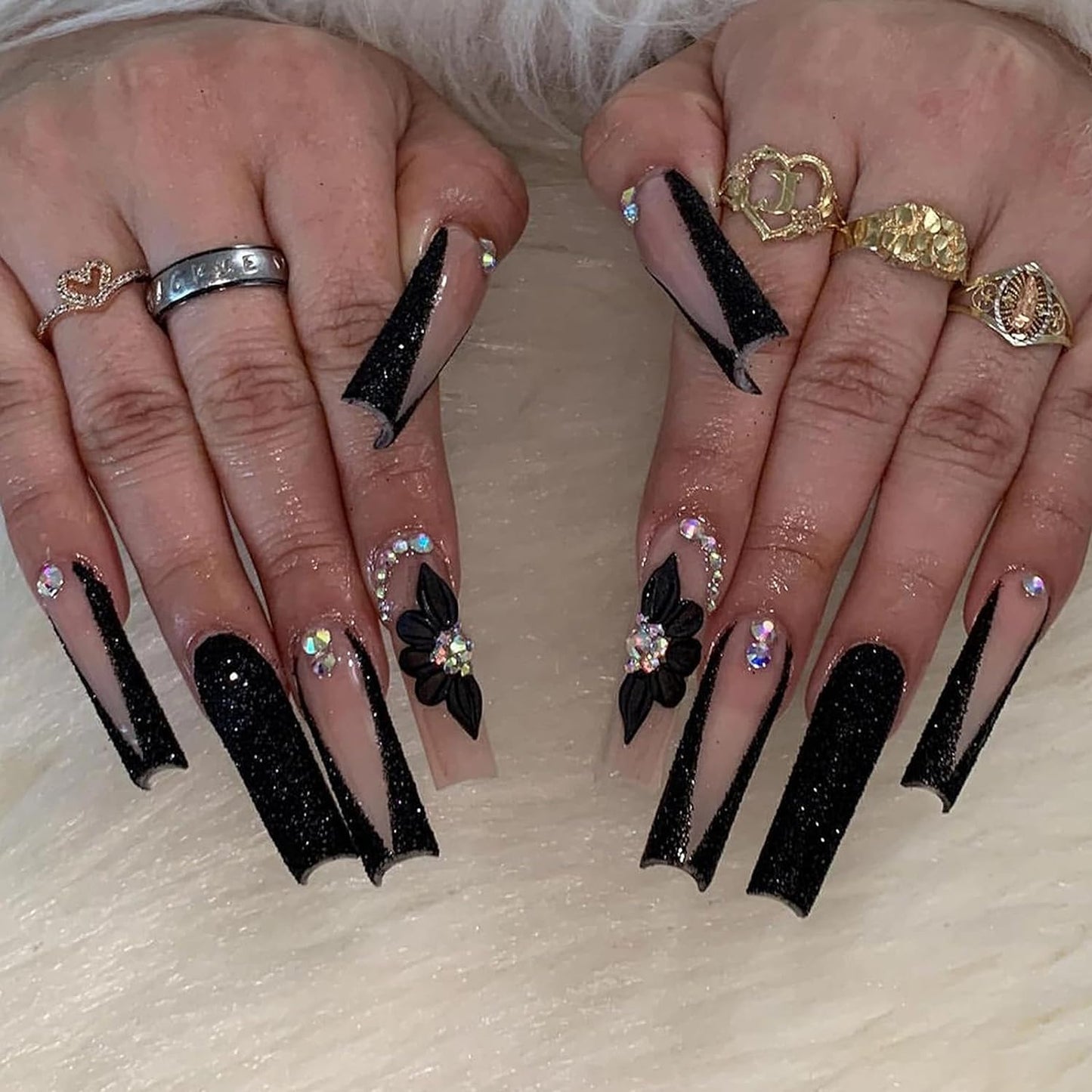 Glamorous Long Square Press-On Nails with Black French Tips & Floral Rhinestone Accents - 24 Pcs Set
