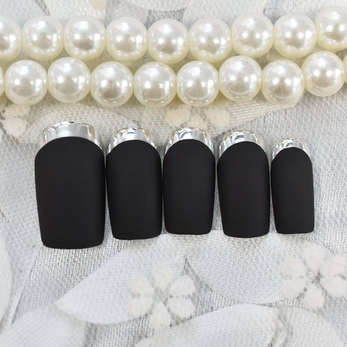 Chic Matte Black & Silver Metallic French Press On Nails - Medium Length Square Reusable Acrylic Manicure for Women & Girls (24 Pcs) Perfect for Daily Wear, Office, and Parties