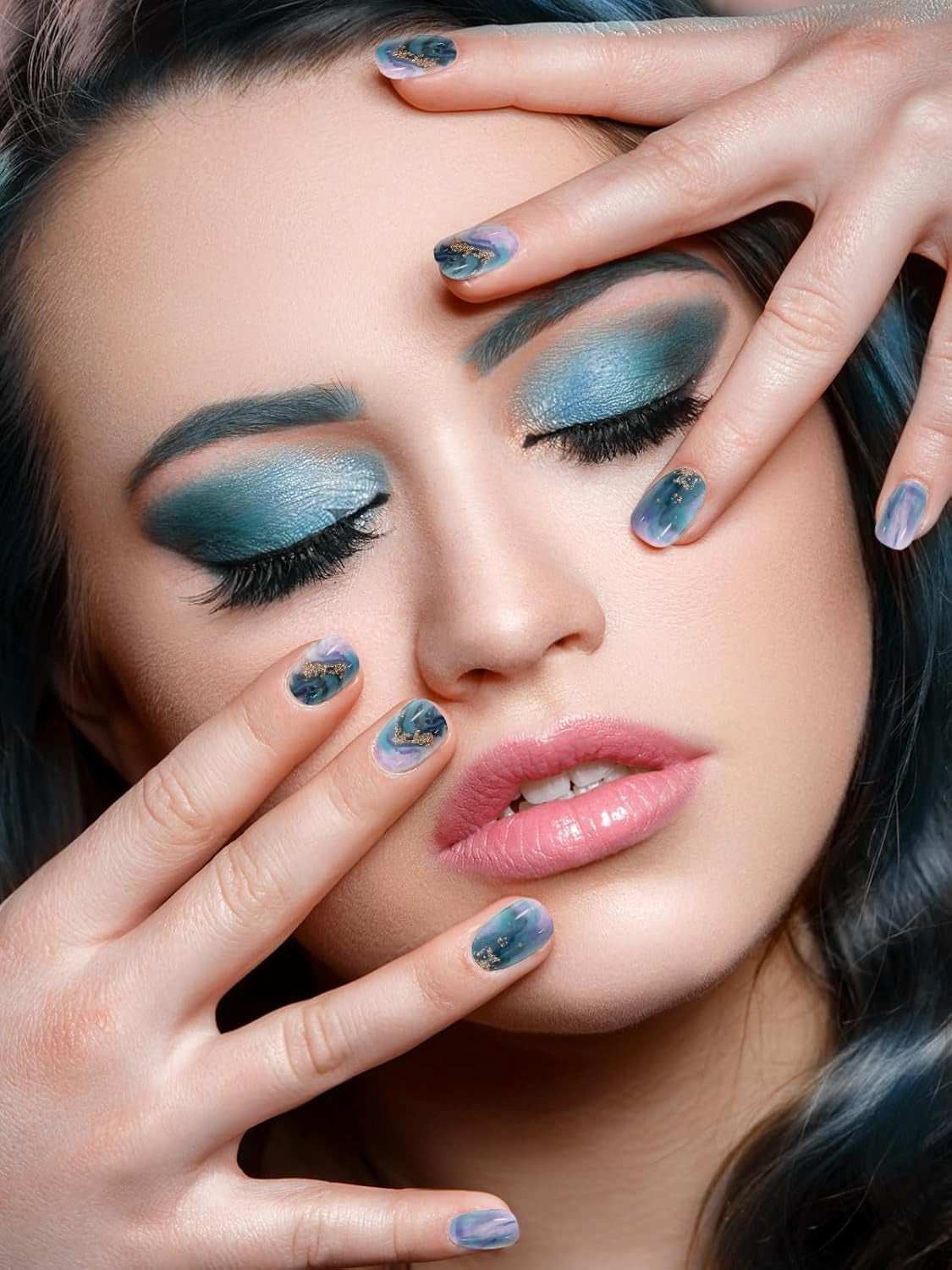 Stunning Blue Marble Gel Nail Strips - Long Lasting, Salon-Quality Full Wrap Stickers with Nail File & Wood Stick (UV/LED Lamp Required)