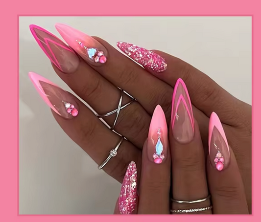 Stunning 24Pcs Gradient Pink Almond Fake Nails with Pearl Sparkle - Press-On Manicure Tips