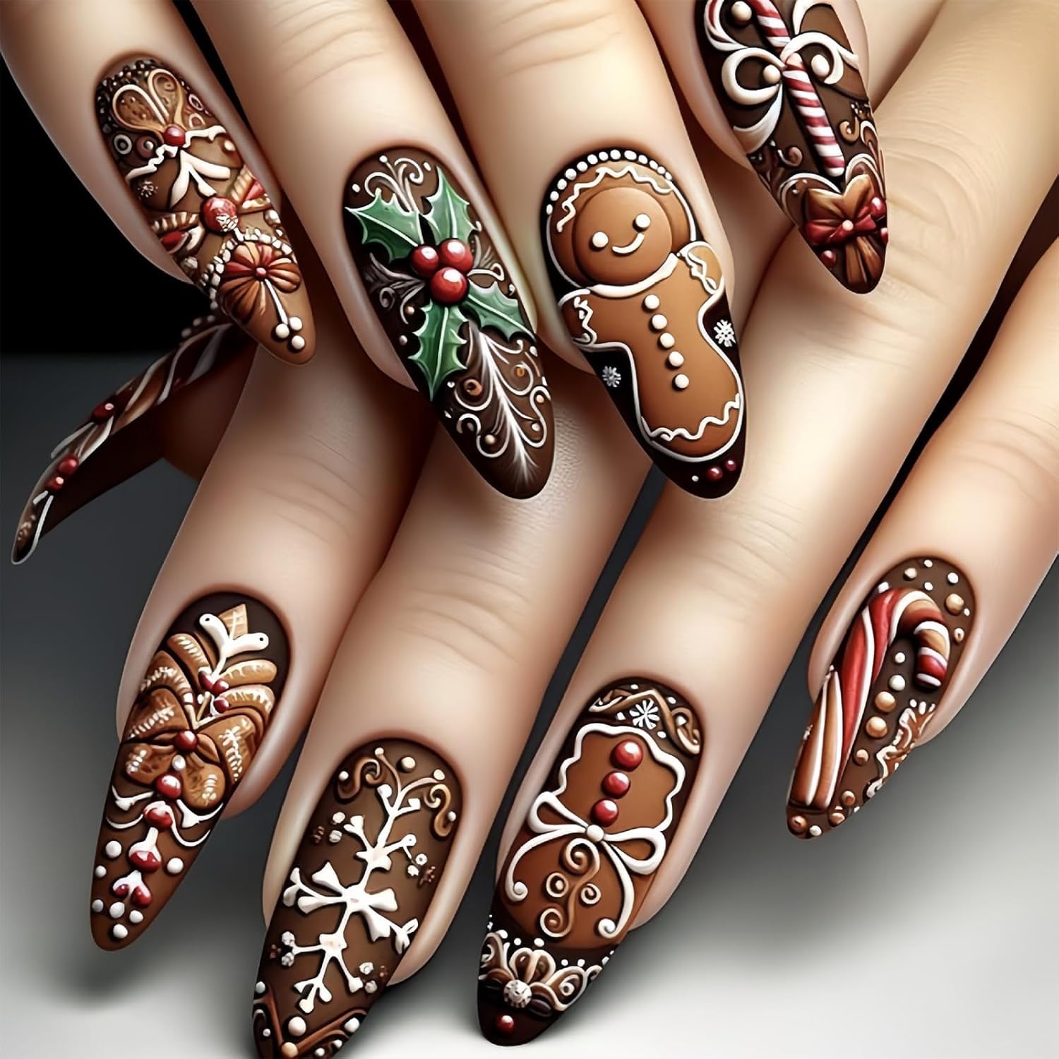 Festive Gingerbread Man Press-On Nails - Medium Almond Shape, Colorful Xmas Snowflake Designs, 24 Pcs Full Cover Acrylics for Women & Girls