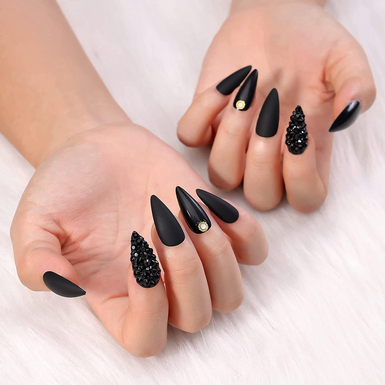 Glamorous 24Pcs Press-On Nails Set - Black Medium Long Almond Stiletto with Matte & Glossy Finish, Includes 3D Rhinestones & Gold Nail Studs for Stunning Manicures!
