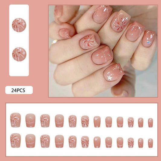 24Pcs Short Square Acrylic Press-On Nails - Pink White Ombre with Fireworks Design - Stylish Artificial Nails for Women & Girls