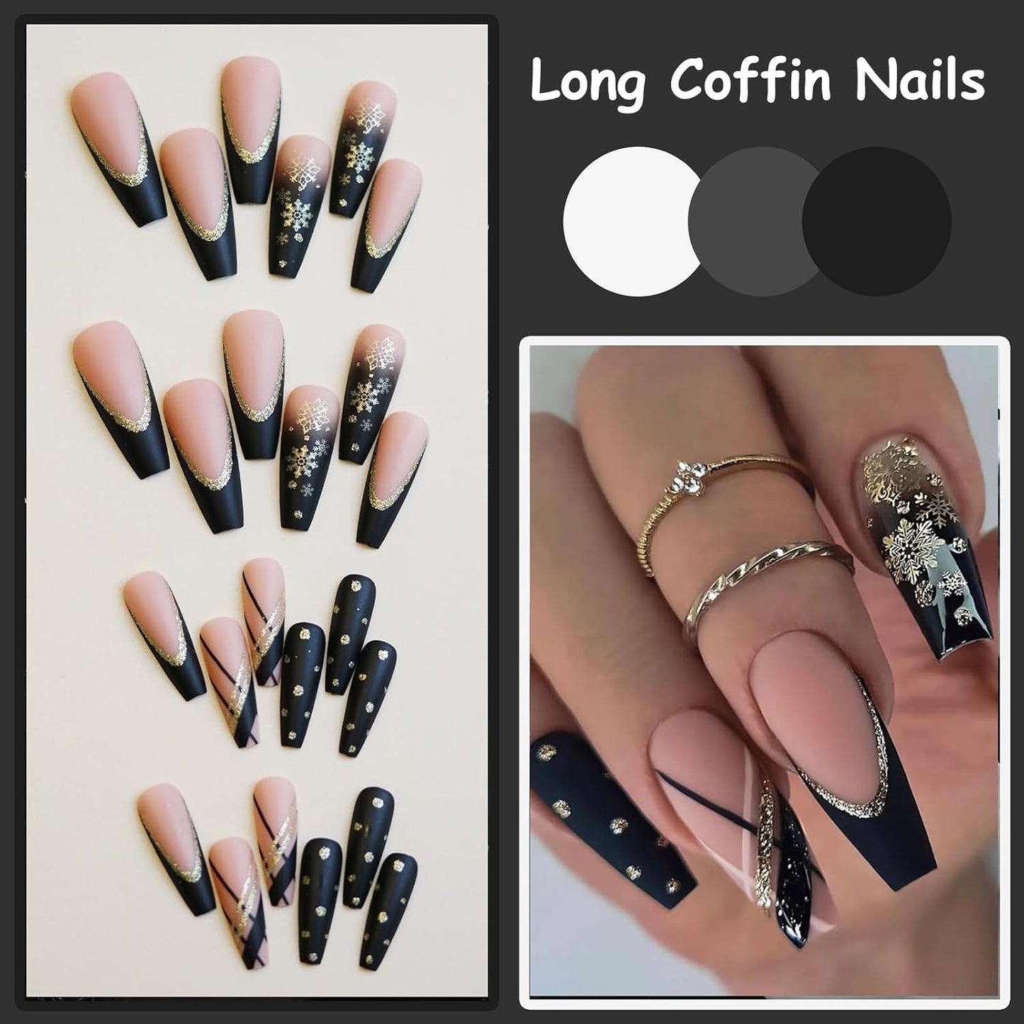 Glamorous Long Coffin Press-On Nails - 24 Pcs Black Gold & Snowflake Glitter Design