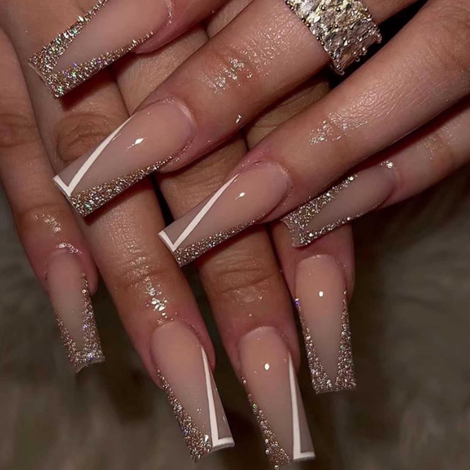 Bling Multicolor Square French Press-On Nails - 24PCS Full Cover Nude Acrylic False Nails for Women and Girls