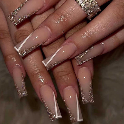 Bling Multicolor Square French Press-On Nails - 24PCS Full Cover Nude Acrylic False Nails for Women and Girls