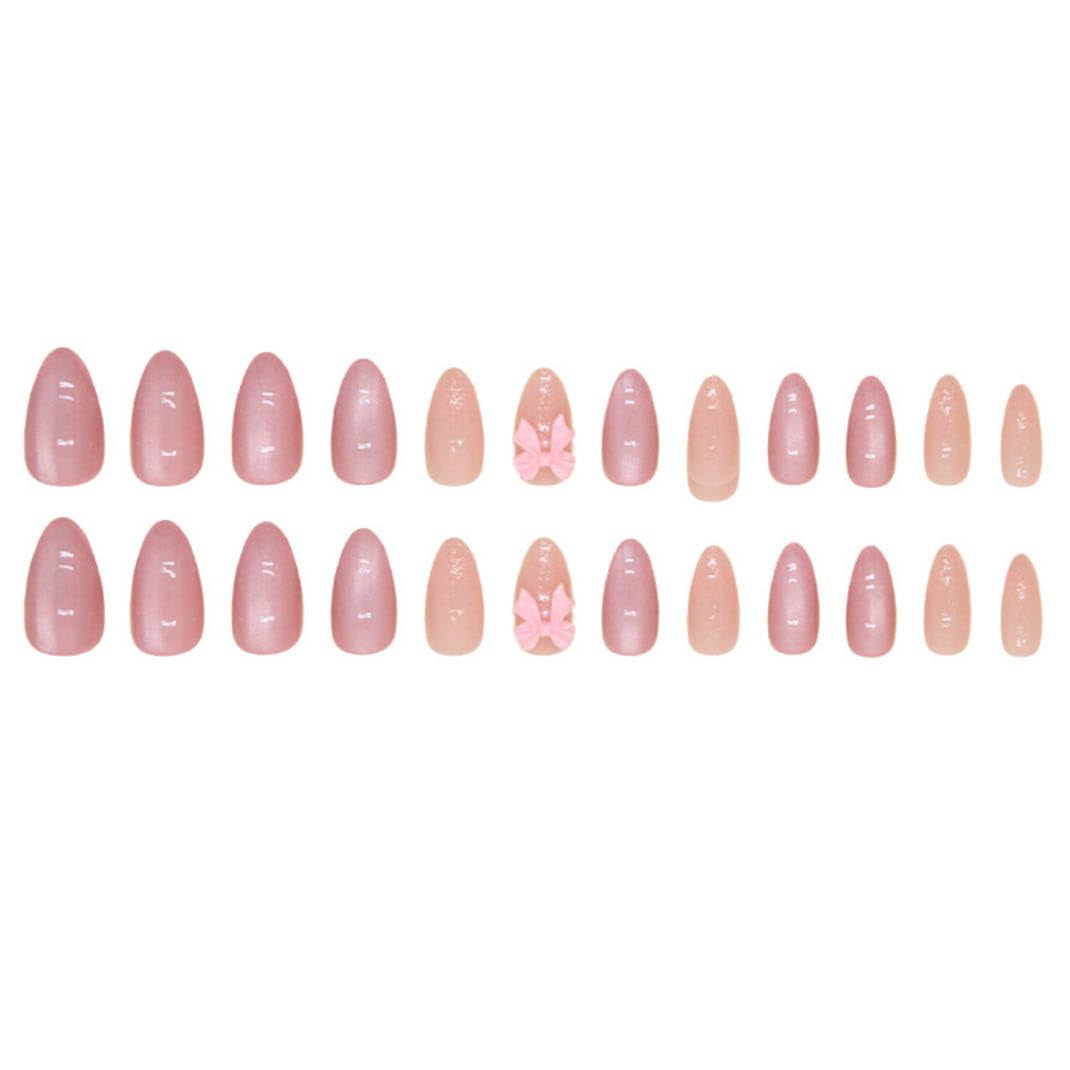 Glamorous Almond Press-On Nails - Medium Pink Glossy French Tips with Adorable Bow - 30 Pcs Set for Effortless Elegance