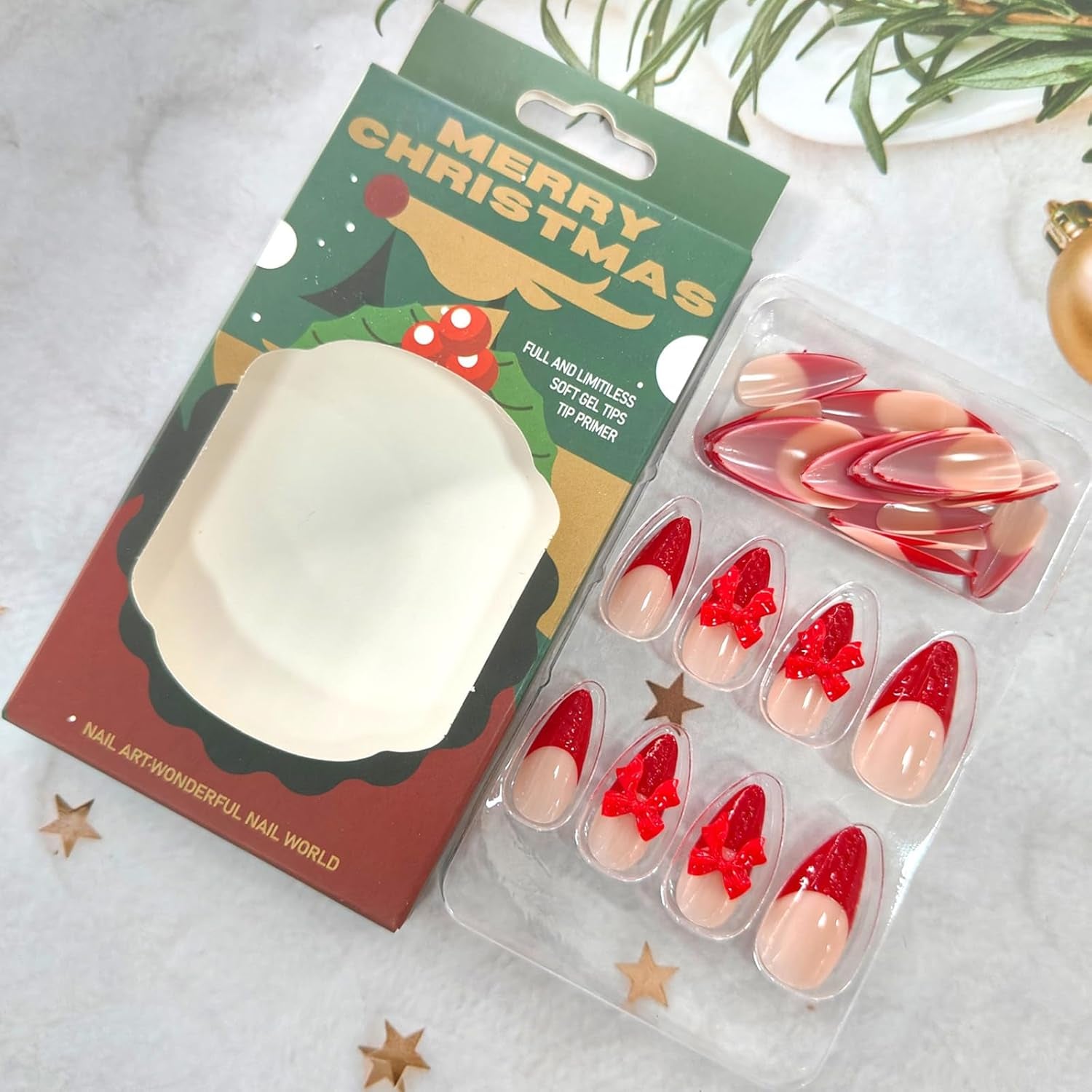 Glamorous Red French Tip Almond Press-On Nails with 3D Bow - 24 Pcs Glossy Full Cover Acrylics for New Year & Valentine's Day Gifts