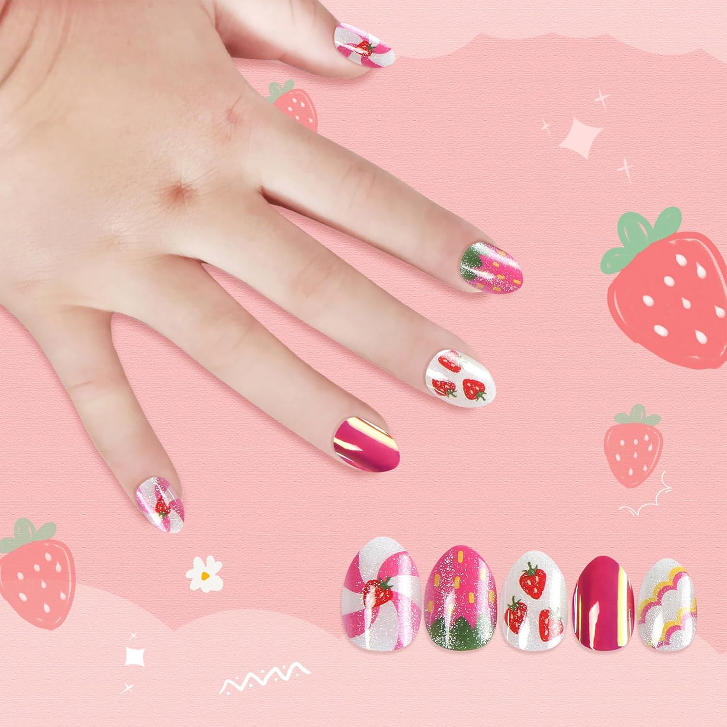 Sweet Strawberry Kids Press-On Nails - Fun Almond-Shaped Fake Nails for Girls - Easy Adhesive Full Cover Short Nail Tips