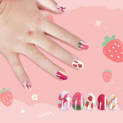 Sweet Strawberry Kids Press-On Nails - Fun Almond-Shaped Fake Nails for Girls - Easy Adhesive Full Cover Short Nail Tips