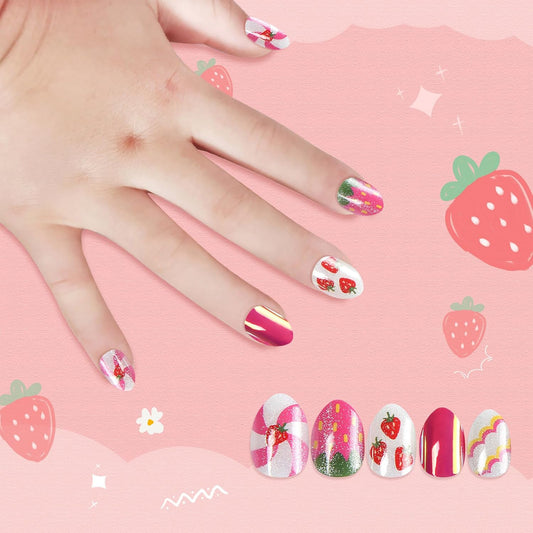 Sweet Strawberry Kids Press-On Nails - Fun Almond-Shaped Fake Nails for Girls - Easy Adhesive Full Cover Short Nail Tips