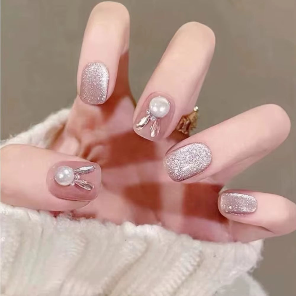 Chic Glitter Cat Eye Short Square Press-On Nails - 24Pc Full Cover Ballet Style