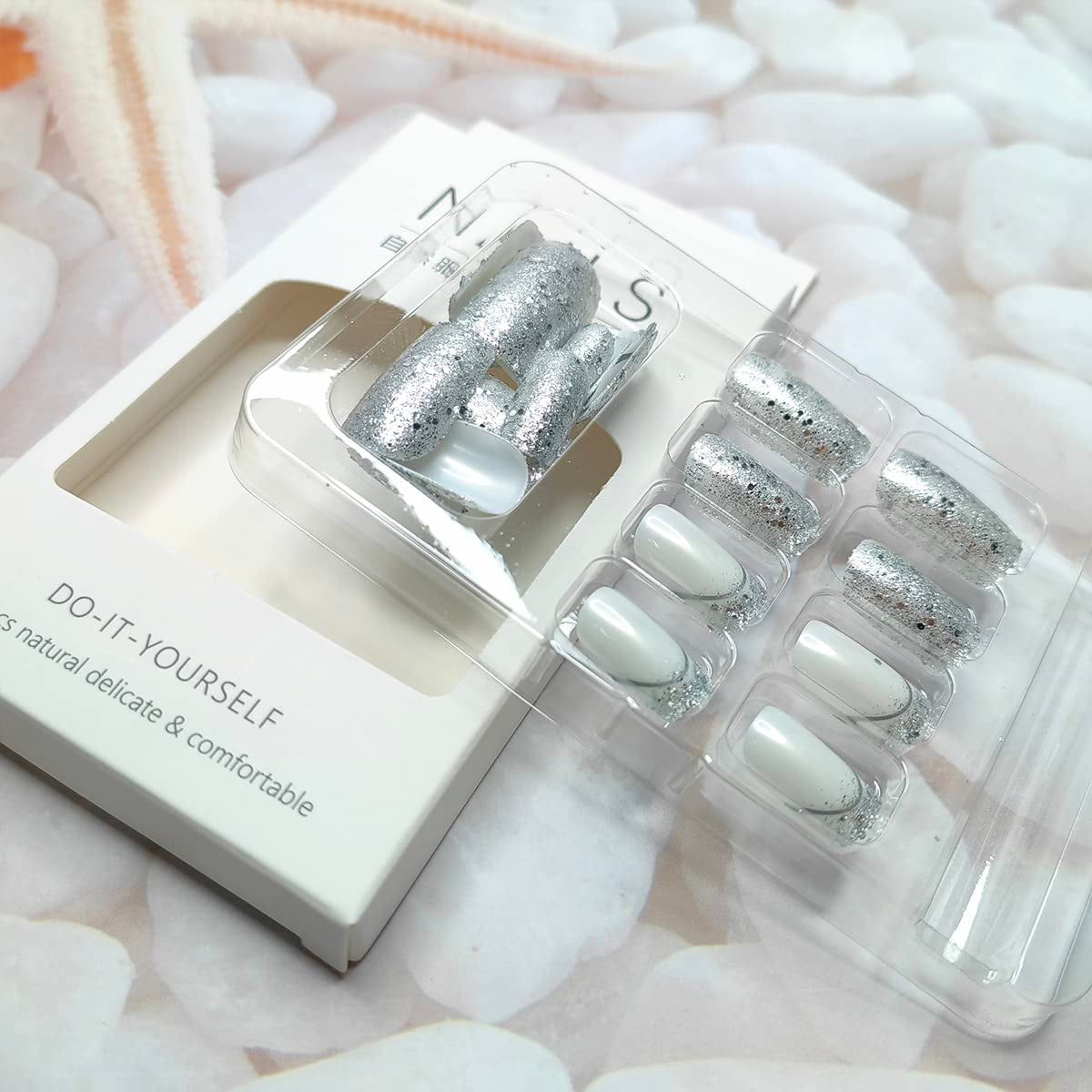 Glamorous 24 Pcs Silver Glitter French Tip Press-On Nails - Medium Square Full Cover with Bling Sequins for Stunning DIY Manicures