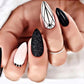Glamorous Long Stiletto Press-On Nails with Black Edge, Gold Thread, and Rhinestones - Perfect for a Stunning Manicure!
