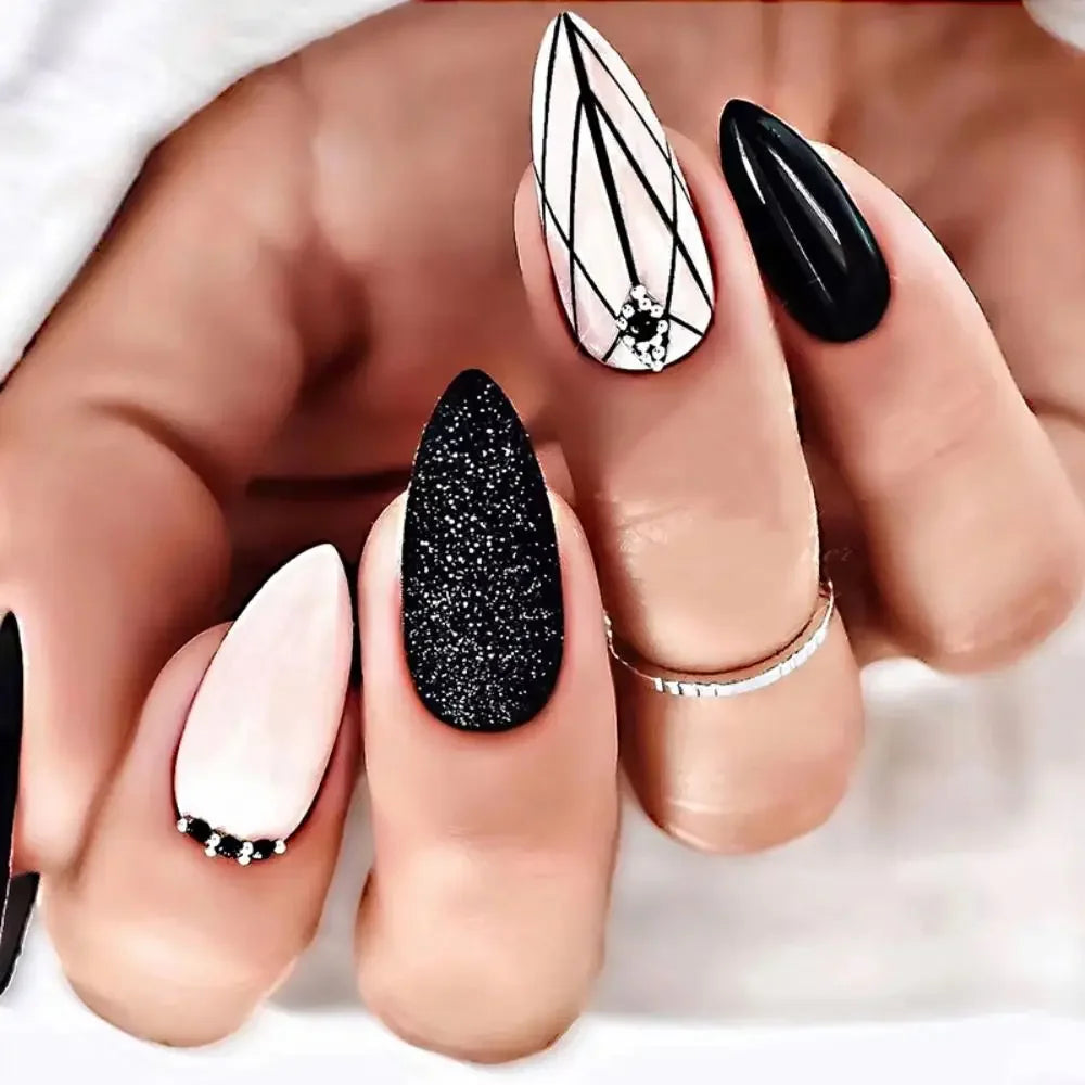 Glamorous Long Stiletto Press-On Nails with Black Edge, Gold Thread, and Rhinestones - Perfect for a Stunning Manicure!