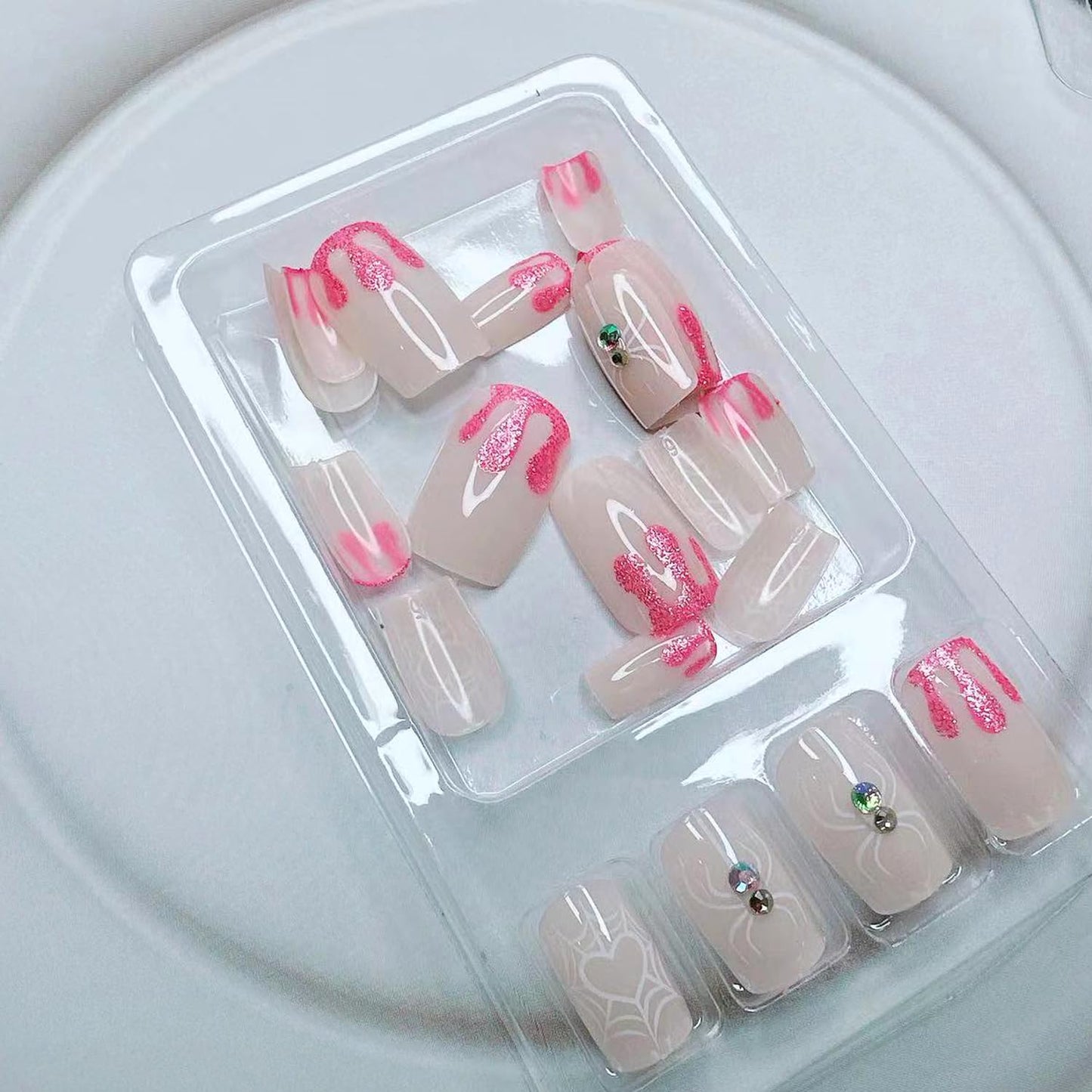 Cute Halloween Press-On Nails - Short Square Acrylic with Glitter Heart & Spiderweb Design - 24Pcs Full Cover Manicure for Women & Girls