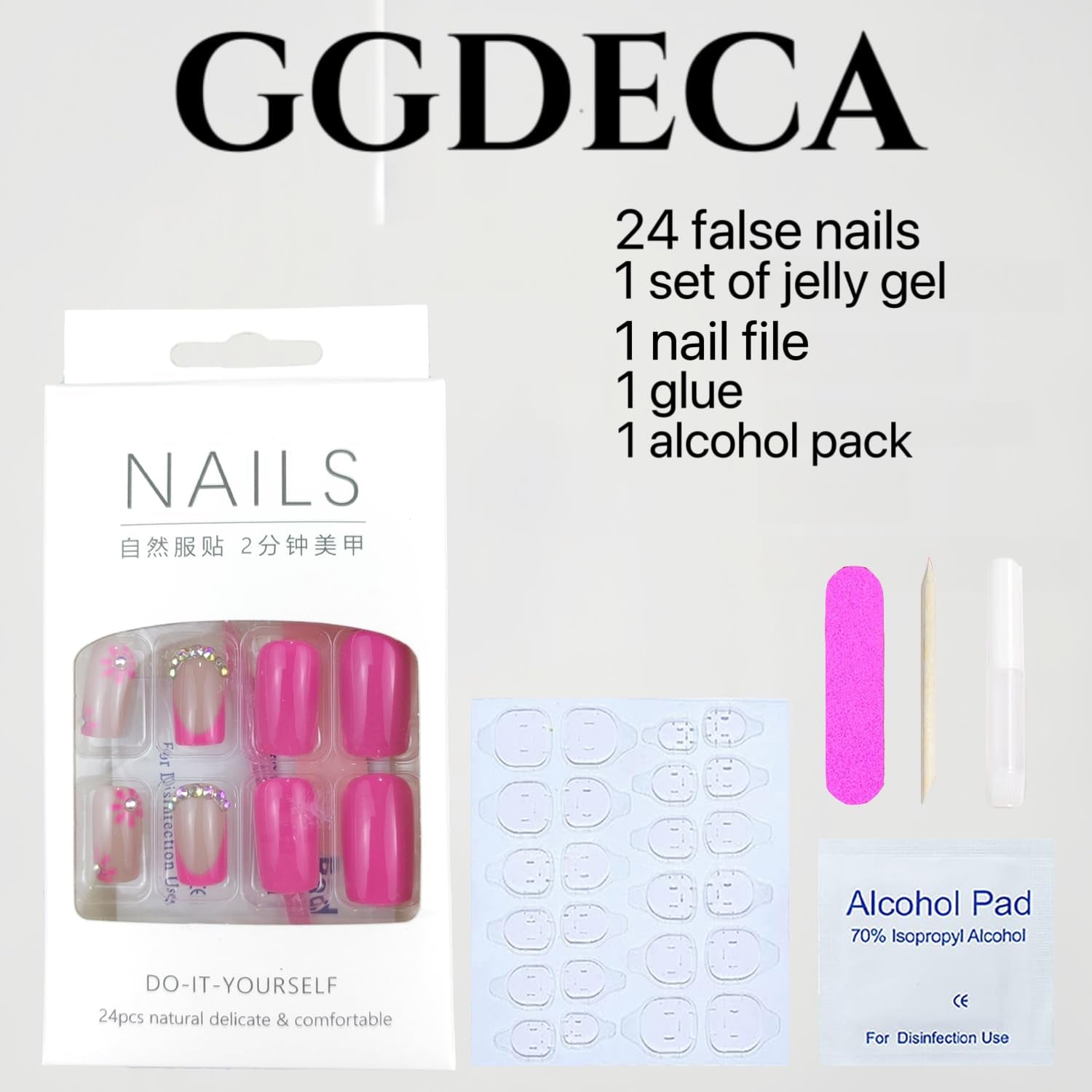 Glamorous Pink Flower Square Press-On Nails with Rhinestones - 24 Pcs Glossy Full Cover Stick-On Nails for Effortless Elegance