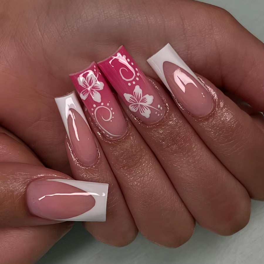 24Pcs Elegant Fairy White Flower Press-On Nails with Pink French Tips - Short Square Design for Effortless DIY Manicure