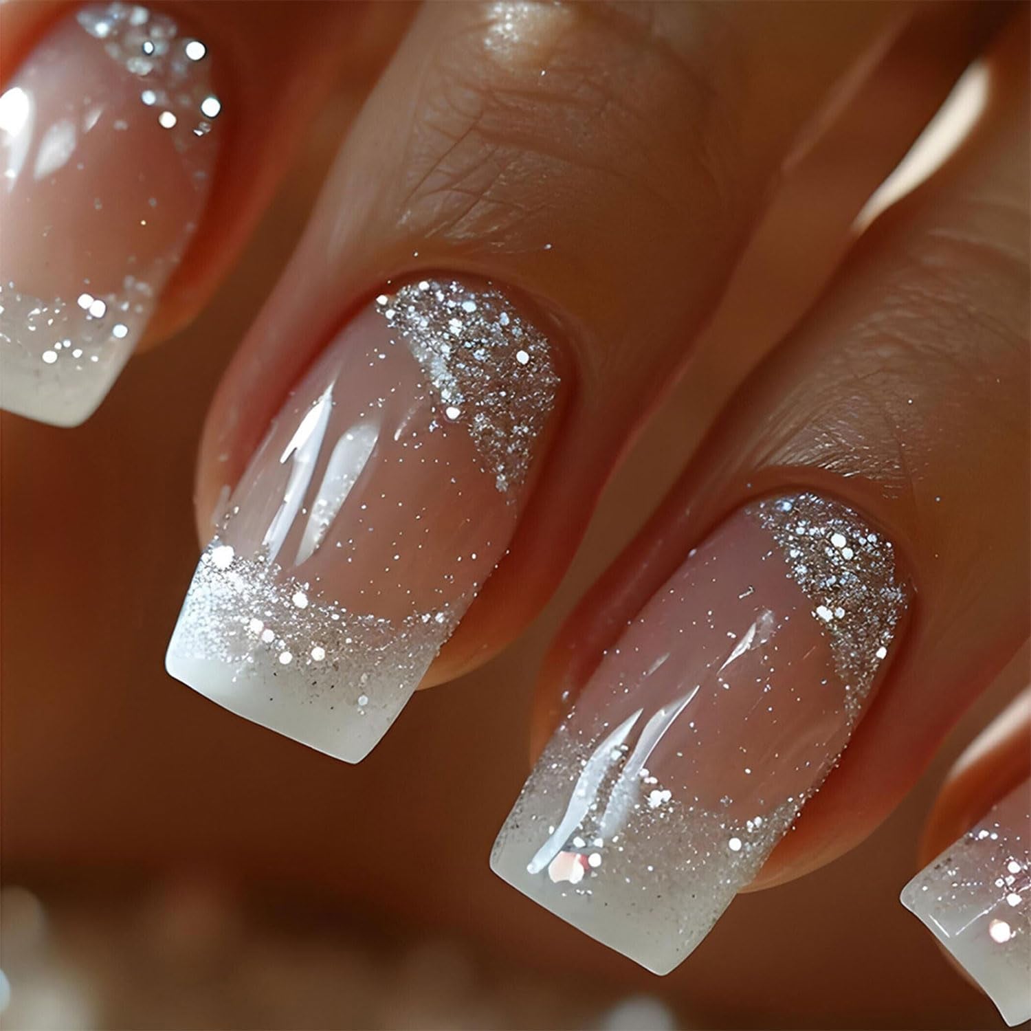Glamorous Medium Press-On Nails - 24 Pcs Square French Tip Design with Silver Glitter & White Ombre - Glossy Nude Acrylic Stick-Ons for Effortless Elegance