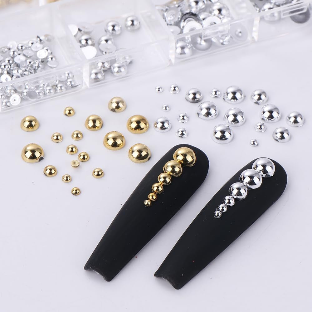 12 Grids of Gold & Silver 3D Half Round Nail Charms - Metal Caviar Beads for Stunning Nail Art Designs