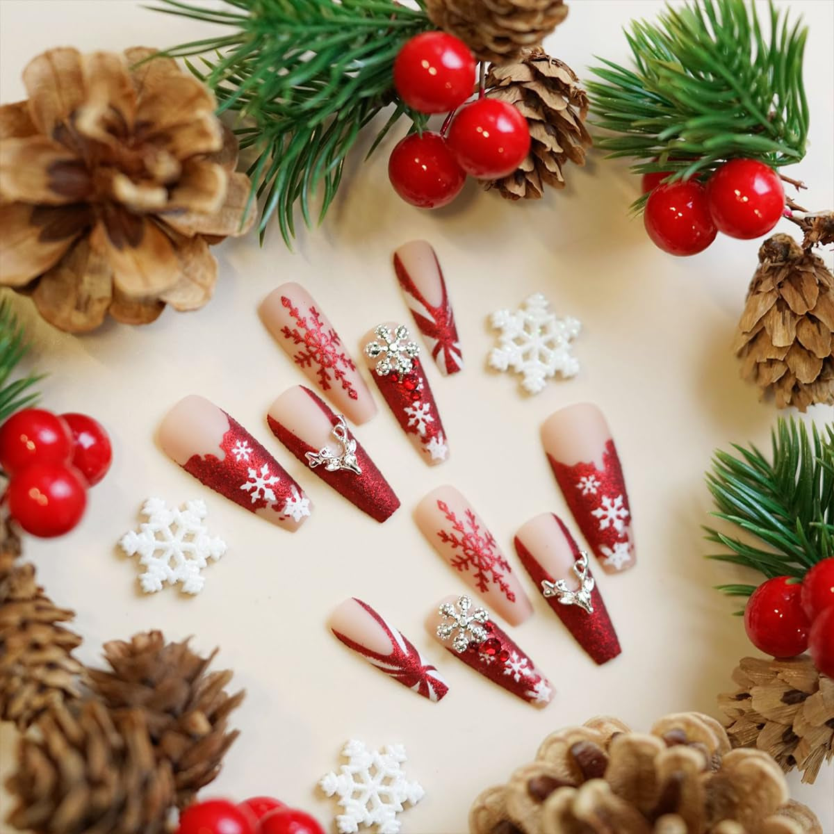 Elegant Luxury Christmas Press-On Nails with 3D Snowflake & Elk Charms - 24 Pcs Red Glitter Full Cover Designs for a Festive New Year Look
