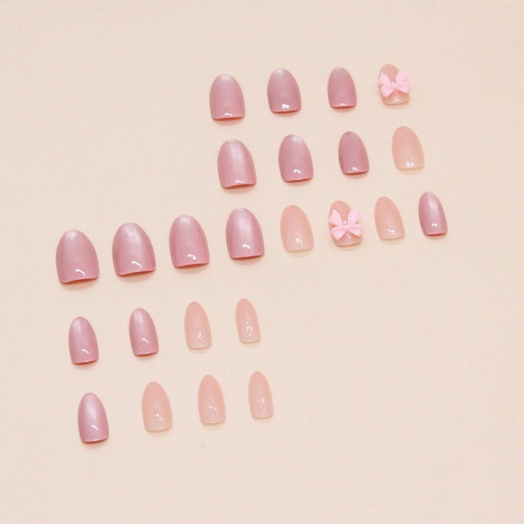 Glamorous Almond Press-On Nails - Medium Pink Glossy French Tips with Adorable Bow - 30 Pcs Set for Effortless Elegance