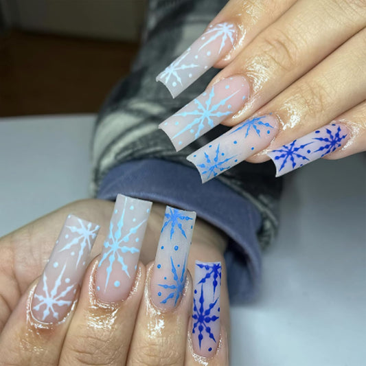 Stunning Blue Snowflake Christmas Press-On Nails - Long Square Matte Coffin Design, 24Pcs Full Cover Acrylic for Festive Manicures