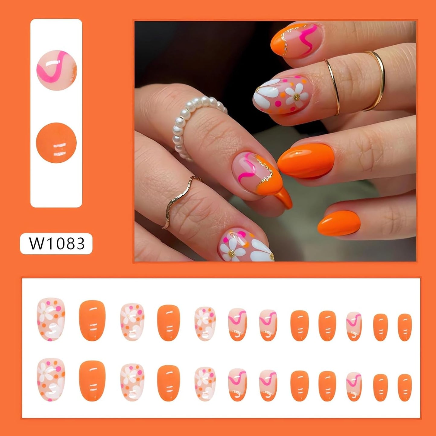 Cute Flower Press-On Nails - 24Pcs Glossy Orange Short Almond Fake Nails for Spring & Summer Nail Art