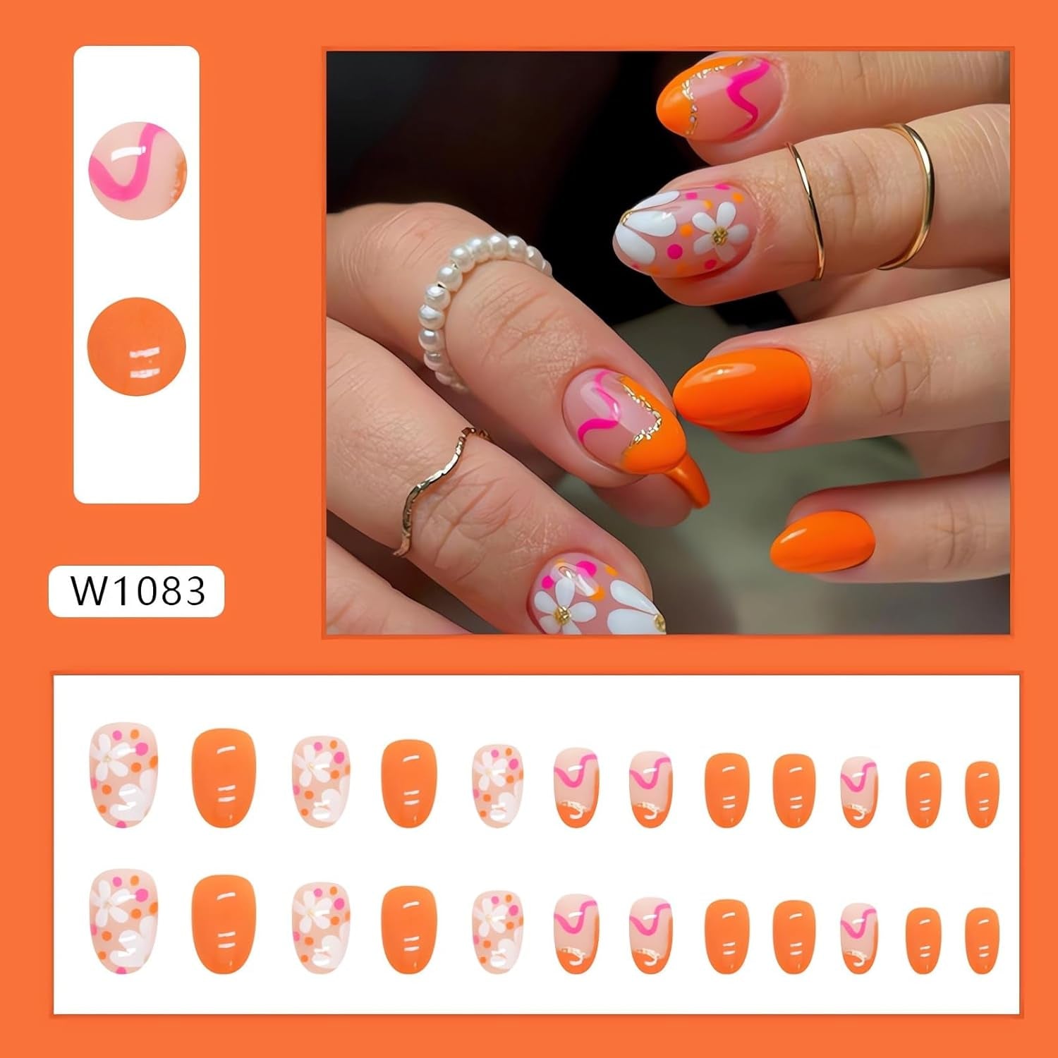 Cute Flower Press-On Nails - 24Pcs Glossy Orange Short Almond Fake Nails for Spring & Summer Nail Art