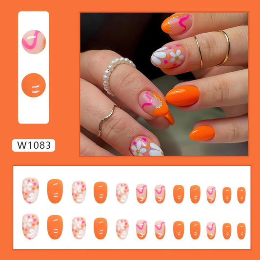 Cute Flower Press-On Nails - 24Pcs Glossy Orange Short Almond Fake Nails for Spring & Summer Nail Art