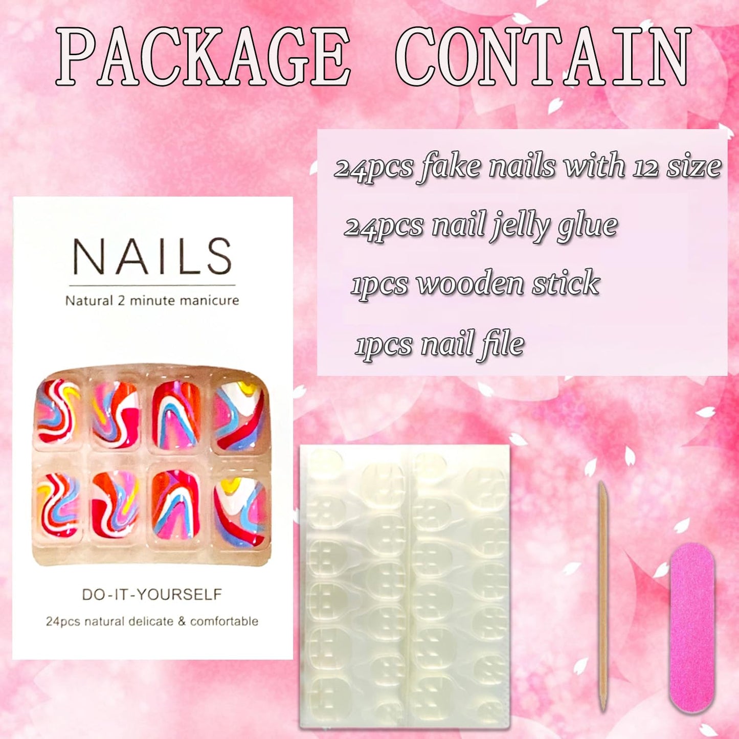 Colorful Wavy Line Press-On Nails - 24 Pcs Glossy Short Coffin Acrylic Fake Nails for Women