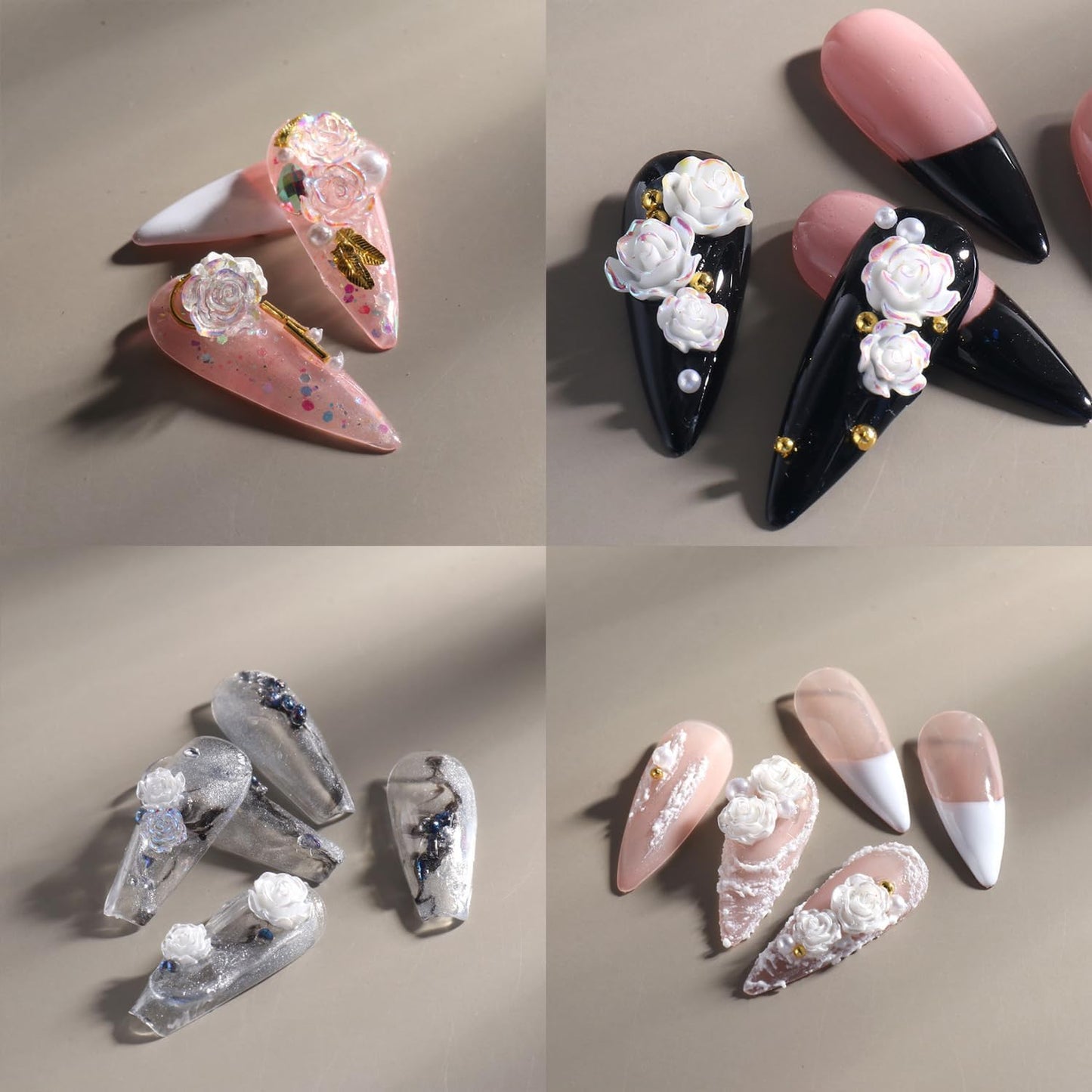 3D Floral Nail Charms - White & Aurora Clear Rose Designs for Stunning Acrylic Nails - DIY Manicure Decorations (6 Grids)
