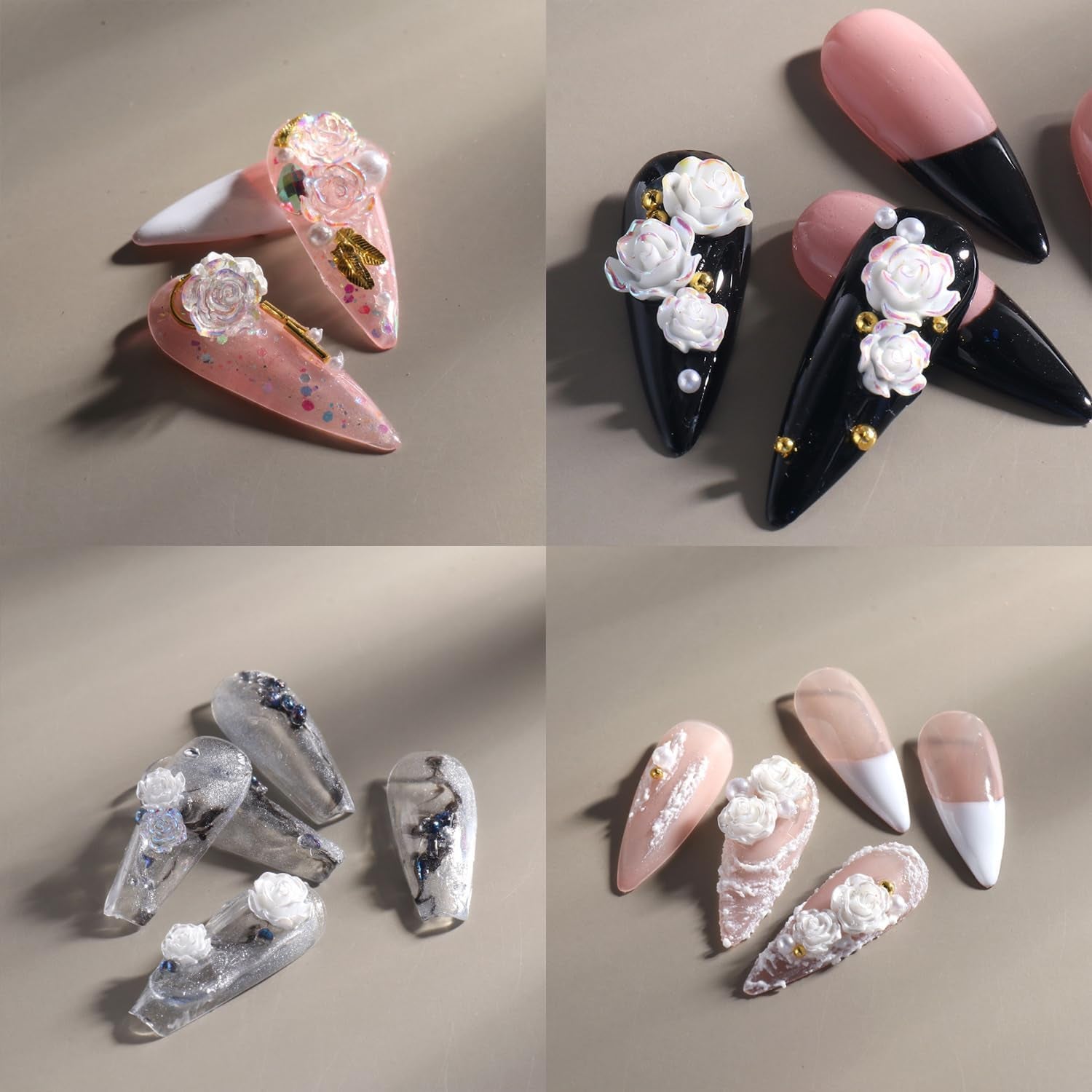 3D Floral Nail Charms - White & Aurora Clear Rose Designs for Stunning Acrylic Nails - DIY Manicure Decorations (6 Grids)