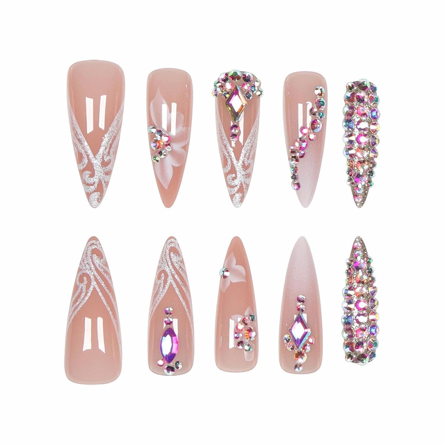 Glamorous Long Stiletto Press-On Nails with Bling Glitter & Rhinestones - 24 Pcs Luxury Acrylic Set