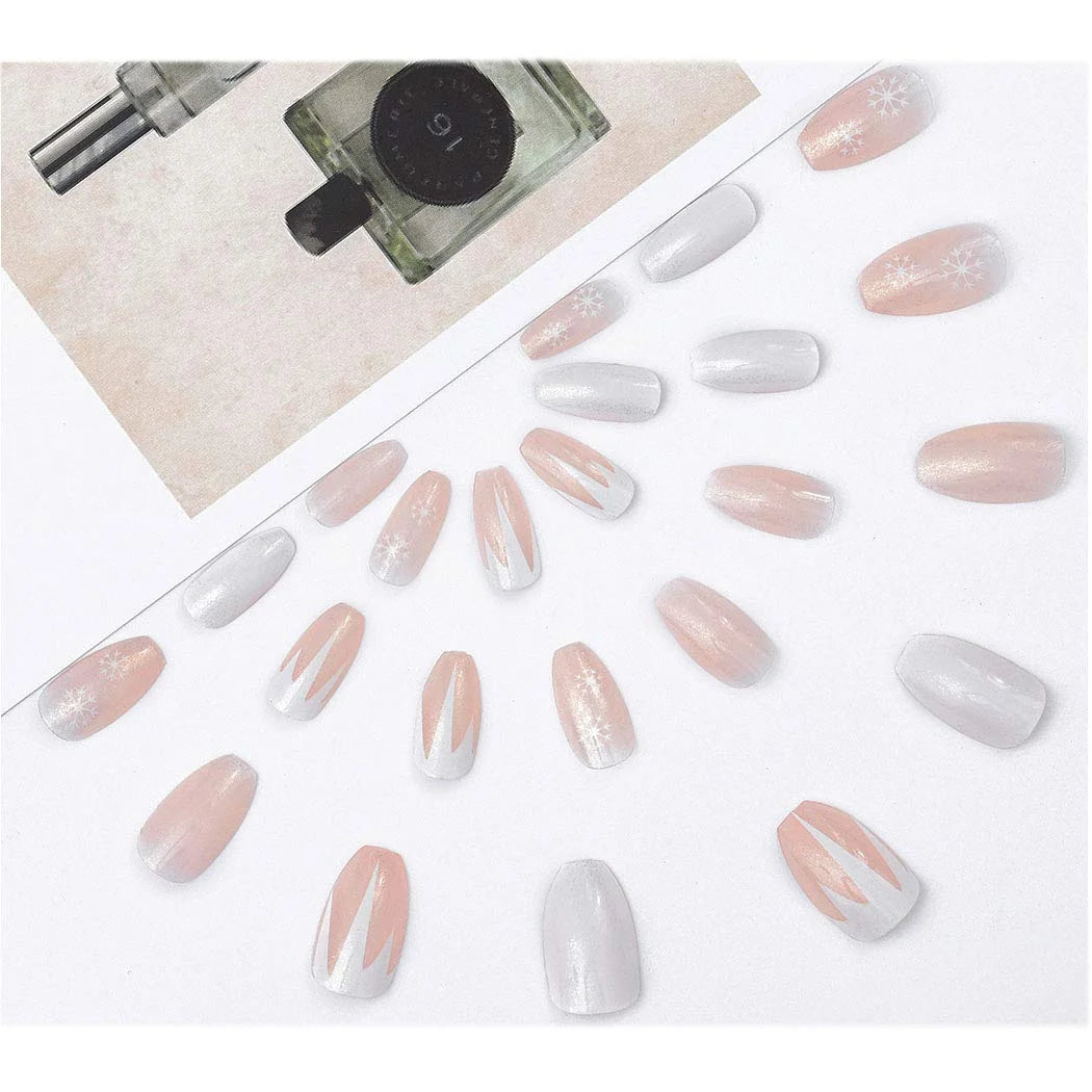 Gorgeous White Snowflake Coffin Press-On Nails - Perfect for Christmas! Full Cover Acrylic for Women & Teens